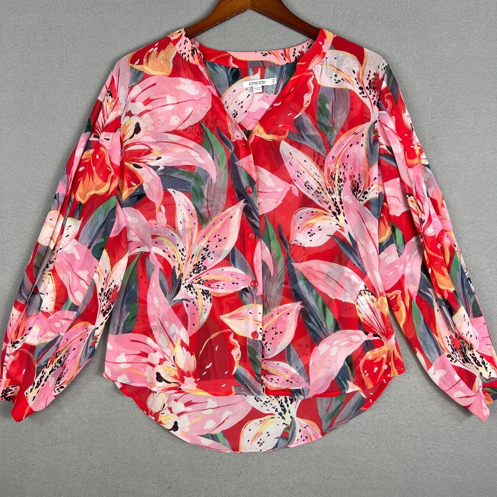 Chicos Floral Pleated‎ Sleeve Blouse Womans 6 (0.50) Lily Dreamy Lightweight